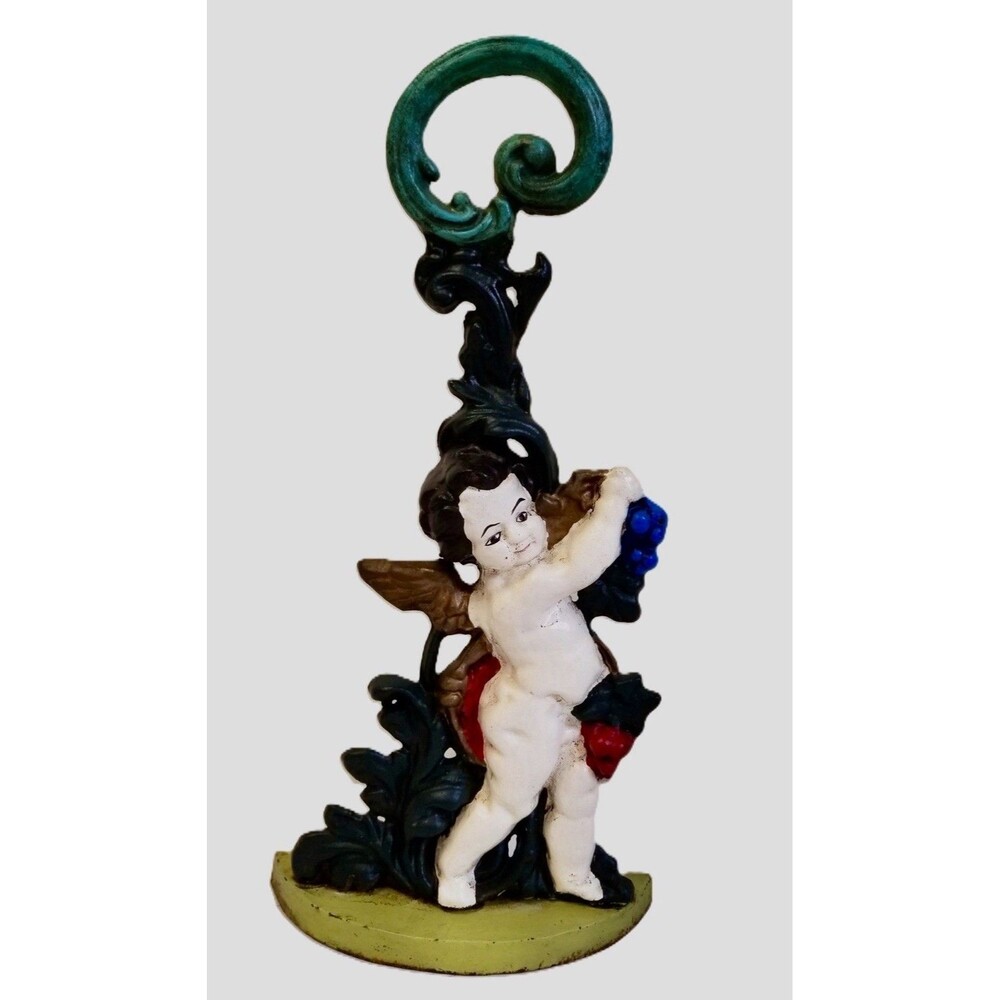 Vintage Hand Painted Cast Iron Cherub Putti Doorstop Rococo 16” h